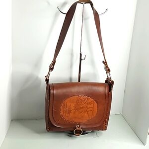 Vintage Tooled Leather Messenger Bag - Hand Made in England - Brown